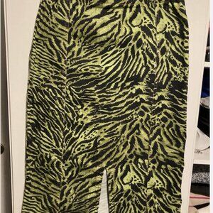 GANNI Lime Green Animal Print Denim Maxi Slit Skirt 38 High Waist Adjustable